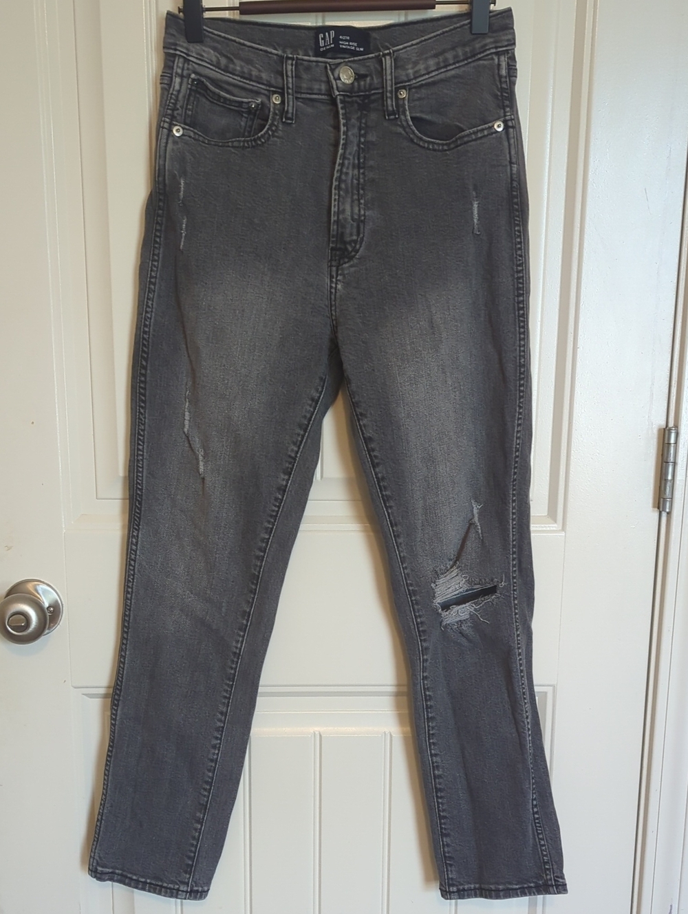 GAP Women's Charcoal Grey High Rise Vintage Slim Jeans with Distressed Knee